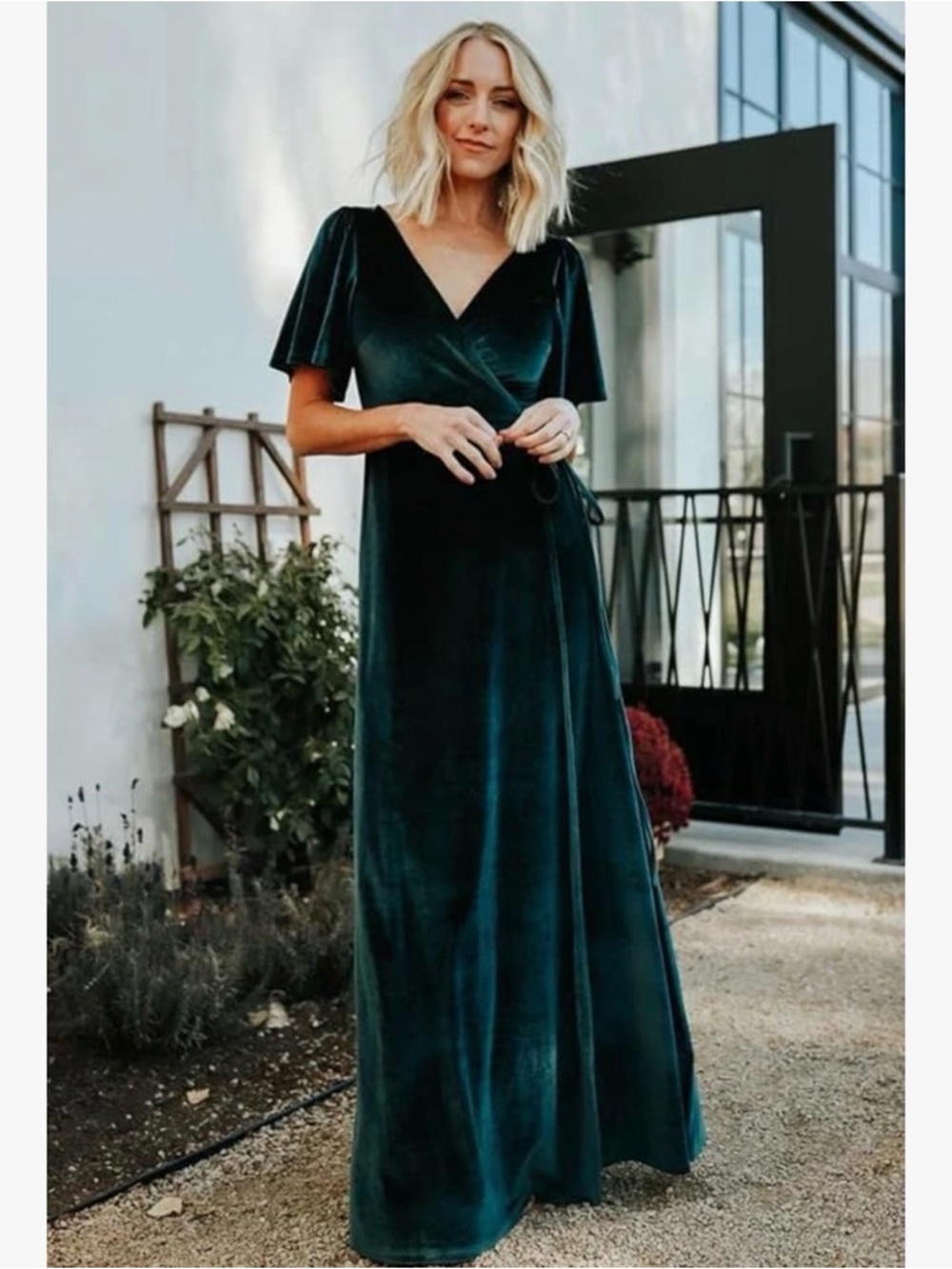 Women's Velvet Wrap Maxi Dress in Emerald Green
